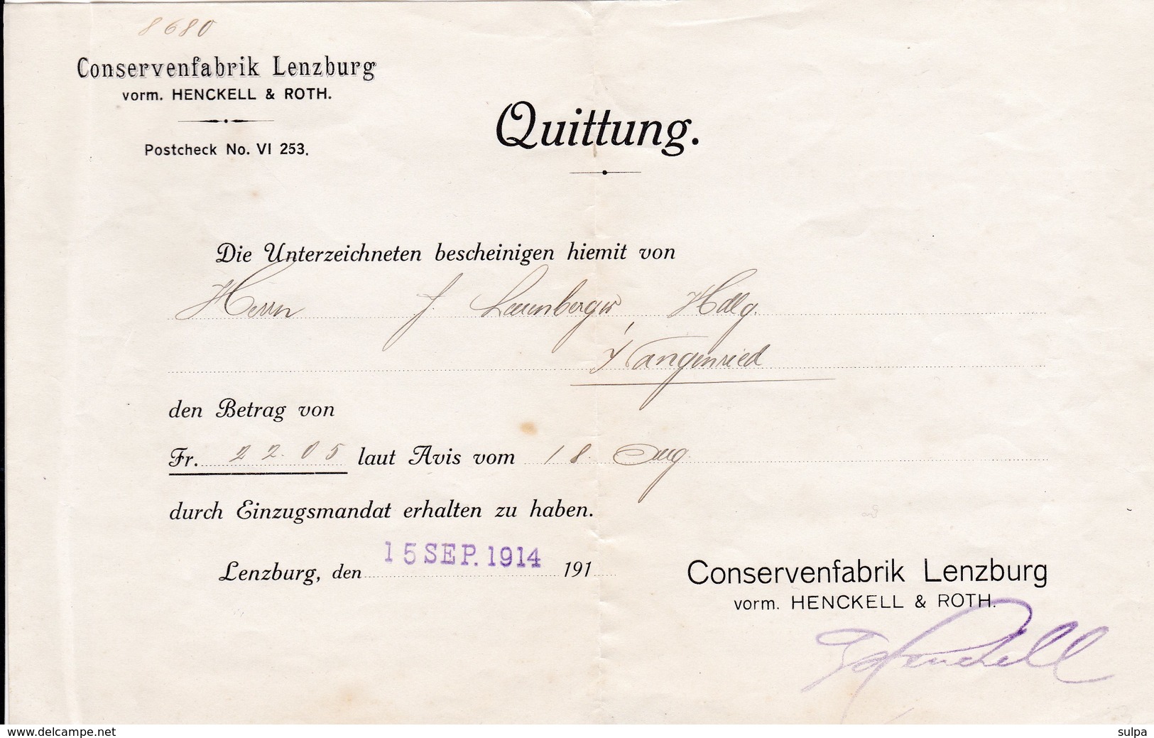 Conservenfabrik Lenzburg, Quittung 1914 - Suiza