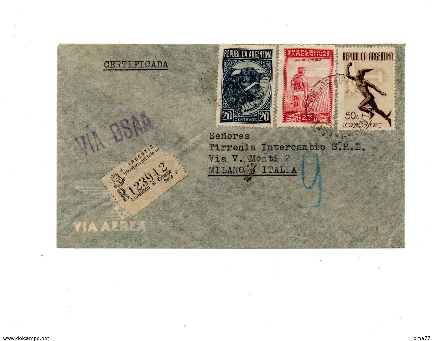 MK534 - ARGENTINA , Lettera Raccomandata Via BSAA Per Milano Del 1948 - Storia Postale