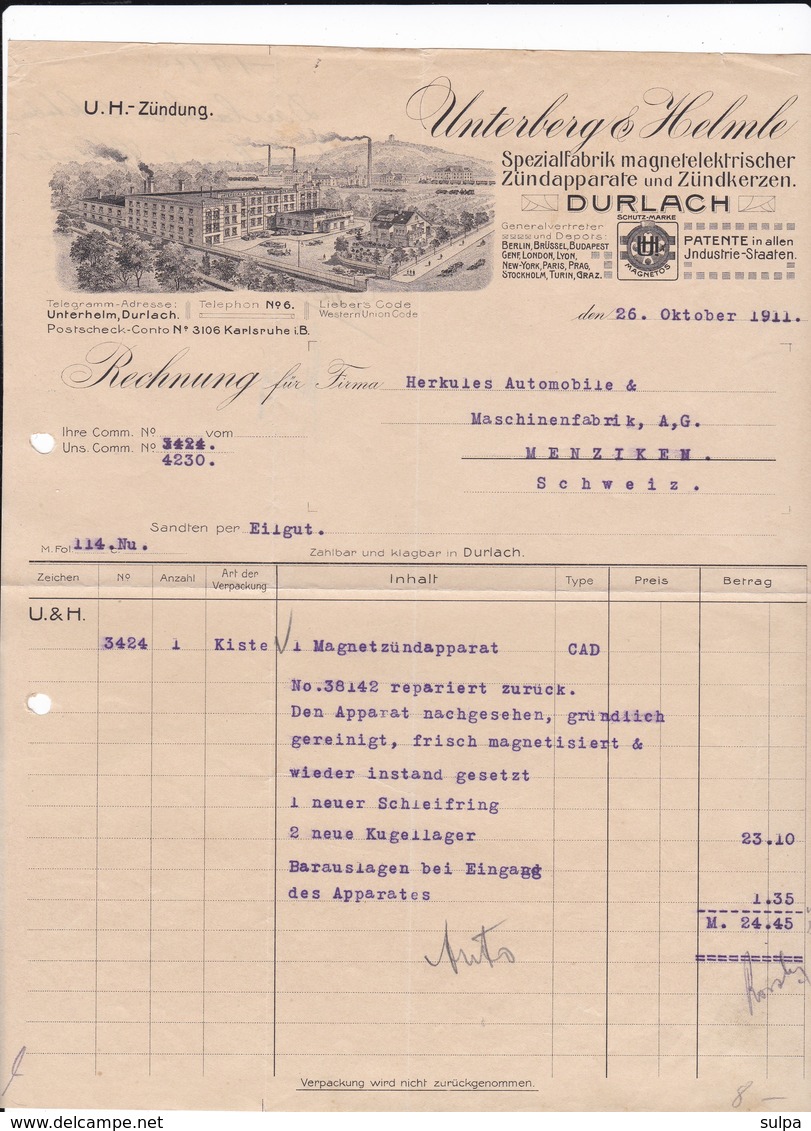 Unterberg & Helmle, Zündkerzen, Dürlach, Rechnung 1911 - Automobile