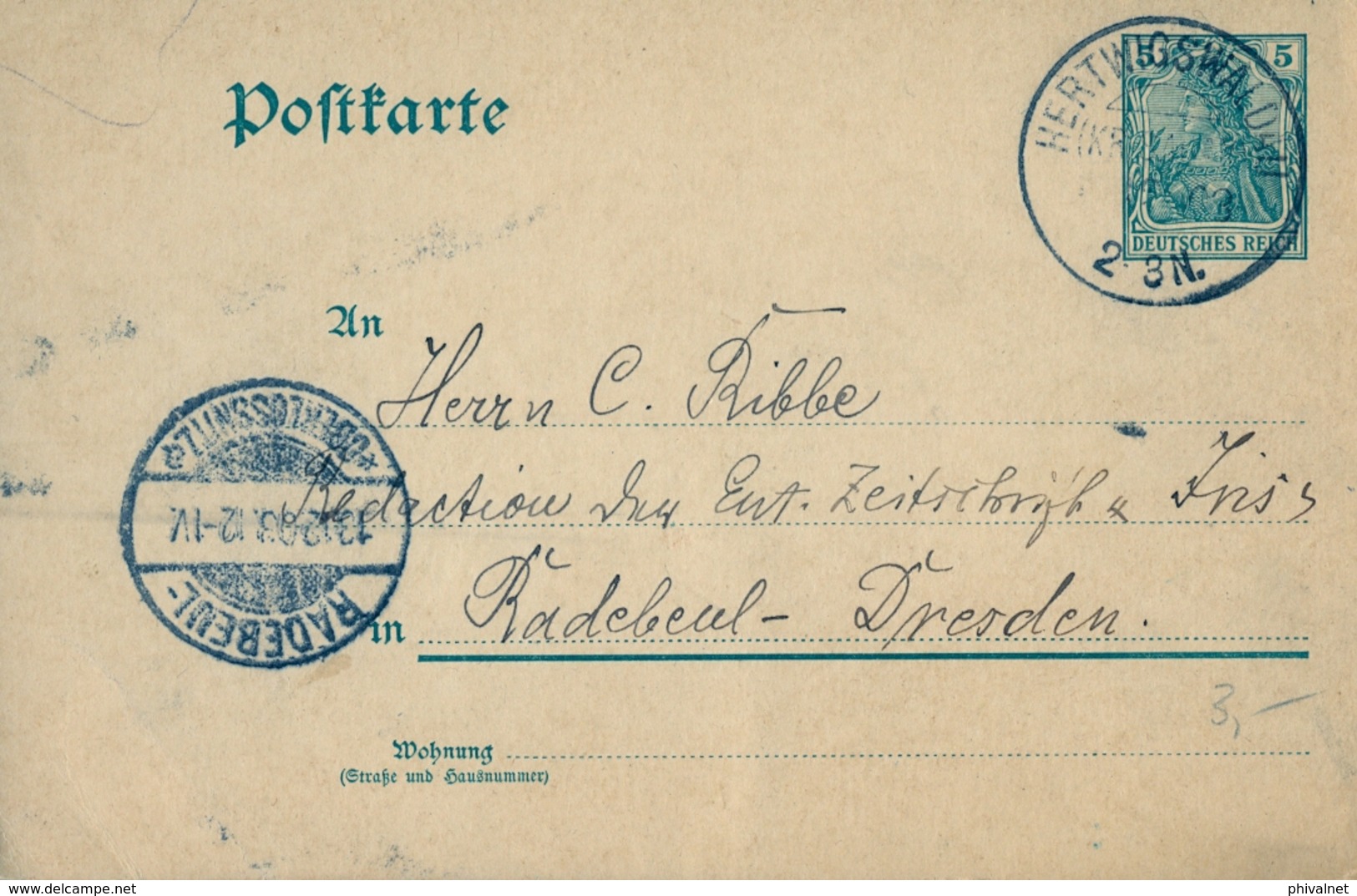 1903 , ALEMANIA , ENTERO POSTAL CIRCULADO , HERTWIGSWALDAU - DRESDEN - Cartas & Documentos