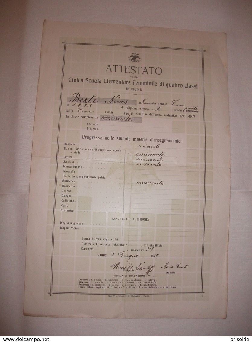 ATTESTATO CIVICA SCUOLA ELEMENTARE FEMMINILE DI QUATTRO CLASSI DI FIUME ( RIJEKA REKA ) 1919 - Diplomi E Pagelle