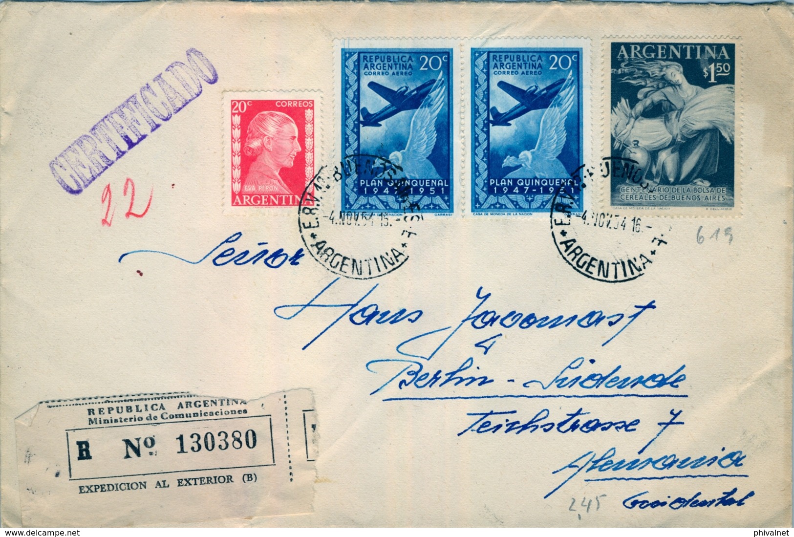 1954 ARGENTINA ,  BUENOS AIRES - BERLIN , SOBRE CERTIFICADO , LLEGADA - Lettres & Documents