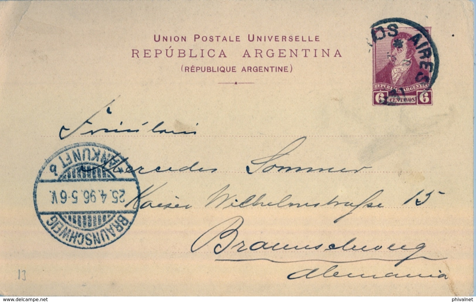 1896 , ARGENTINA ,  ENTERO POSTAL CIRCULADO , BUENOS AIRES - BRAUNSCHWEIG , LLEGADA - Cartas & Documentos