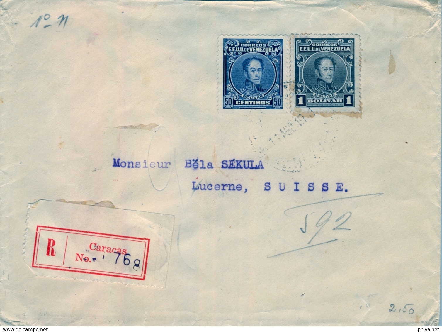 1931 , VENEZUELA , CERTIFICADO , CARACAS - LUZERNA , LLEGADA - Venezuela