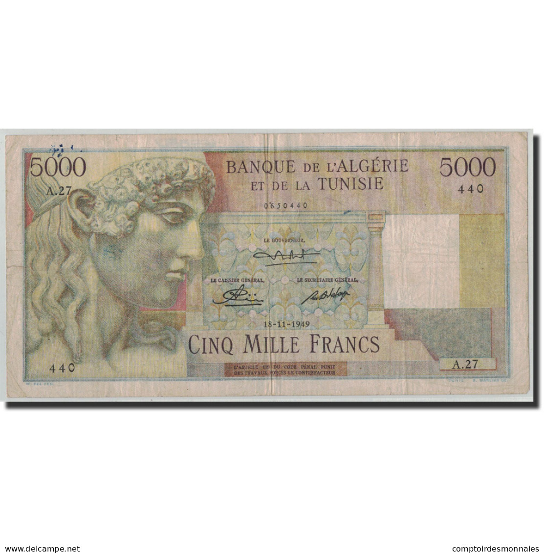 Billet, Tunisie, 5000 Francs, 1949, 1949-11-18, KM:27, TB - Tunisie