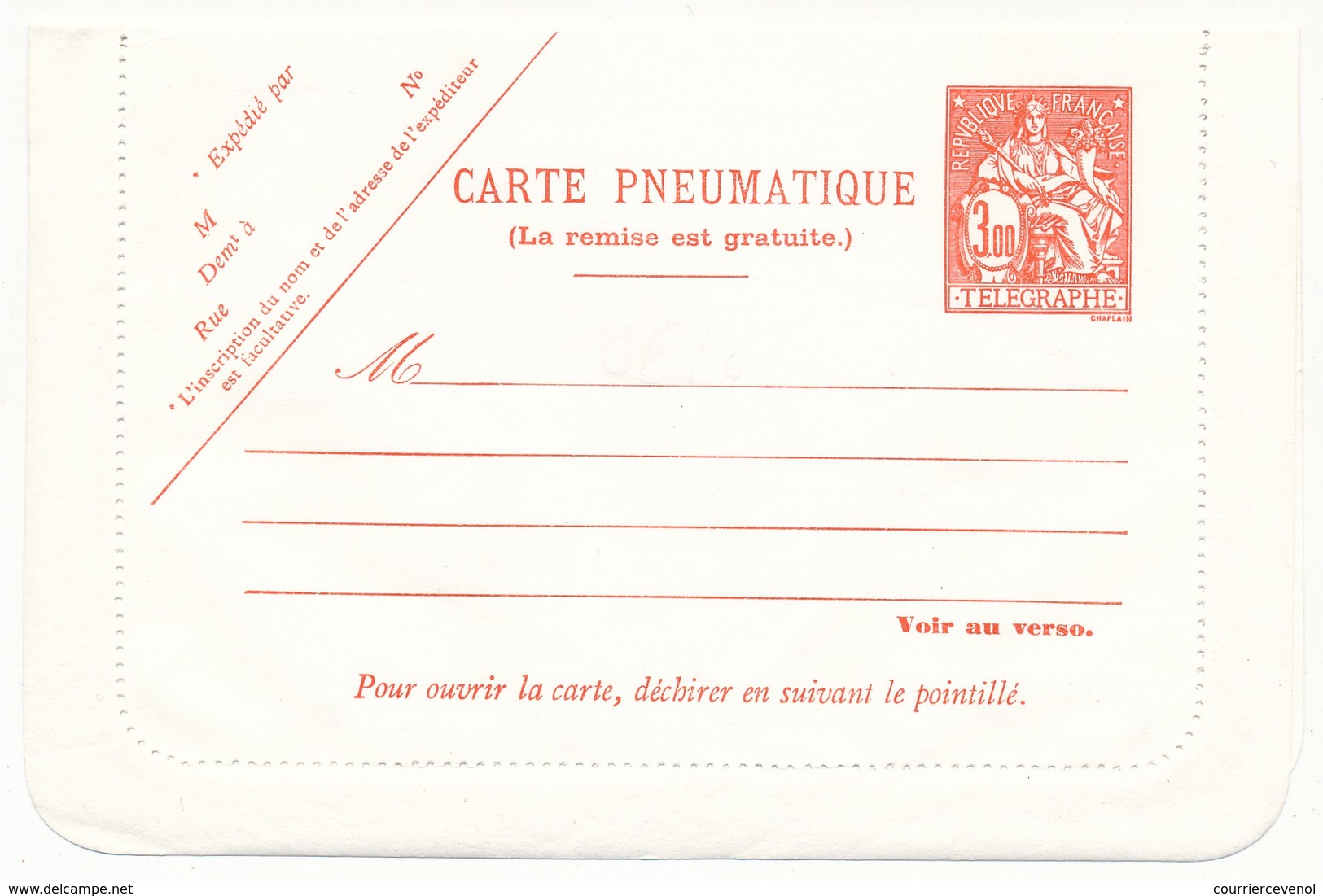 FRANCE - Carte Pneumatique - 3,00F Chaplain Orange, Neuve - Pneumatische Post