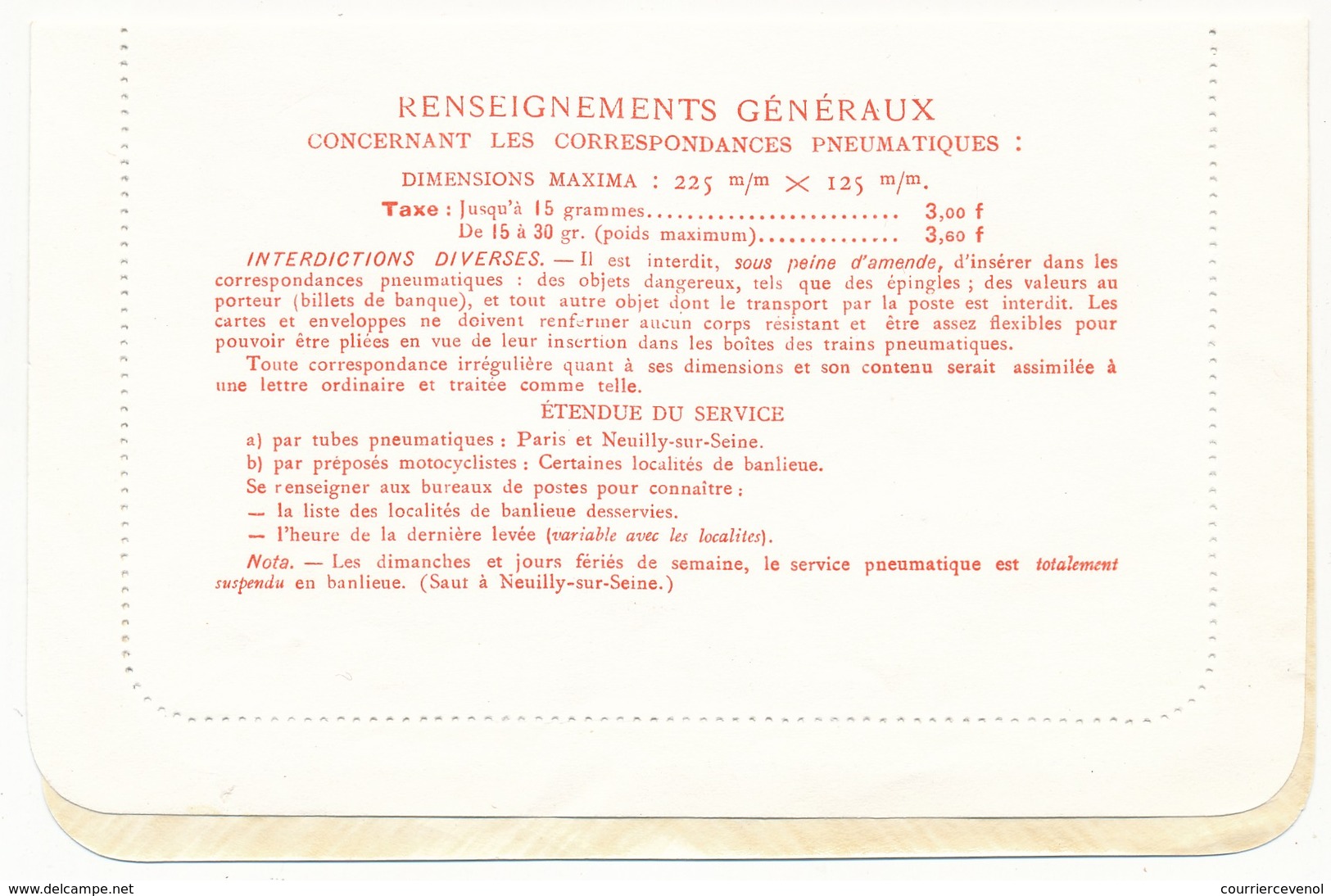 FRANCE - Carte Pneumatique - 3,00F Chaplain Orange, Neuve - Pneumatic Post