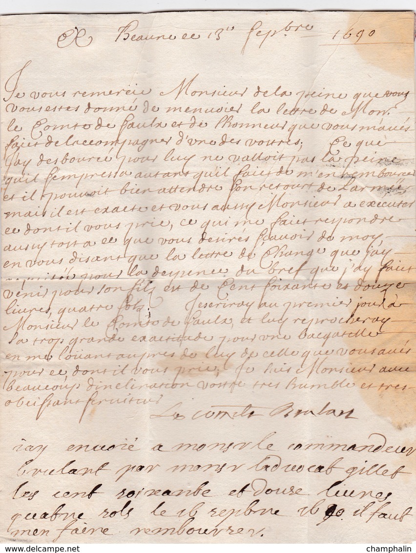 LAC De Beaune (21) Pour Dijon (21) - 13 Septembre 1690 - Taxe Manuelle 2 - ....-1700: Précurseurs