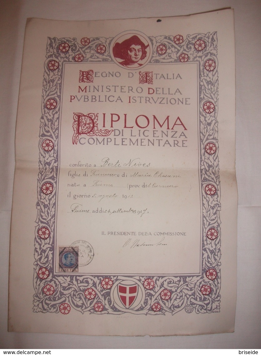 DIPLOMA LICENZA COMPLEMENTARE FIUME ( RIJEKA REKA ) 1927 - Diplomi E Pagelle