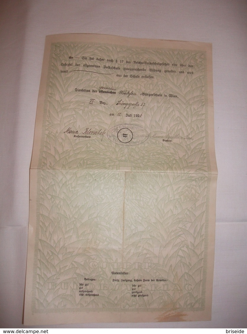 VIENNA WIEN DIPLOMA LICENZA PAGELLA CERTIFICATO DI LICENZIAMENTO ENTLASSUNGS ZEUGNIS 1926 BERTI NIVES FIUME RIJEKA - Diplomi E Pagelle