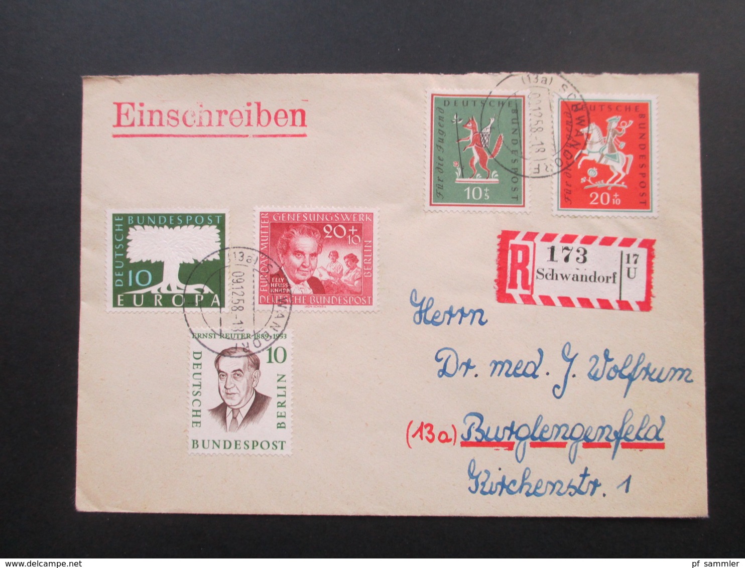 Einschreiben 1958 Berlin / BRD Schöne MiF R - Zettel R 173 Schwandorf 17 U - Briefe U. Dokumente