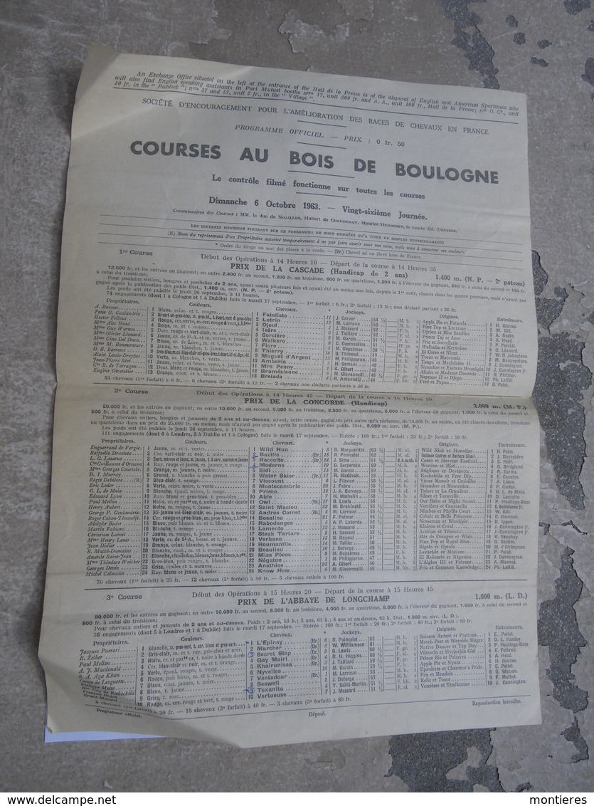 PMU - Tiercé - Programme Courses Au Bois De Boulogne 6 X 1963 - Hippodrome - Programmes