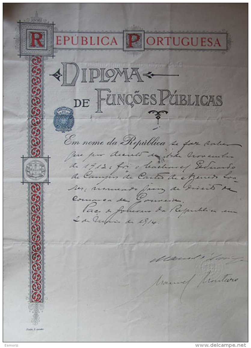 PORTUGAL, Diploma De Funções Públicas, F/VF - Neufs