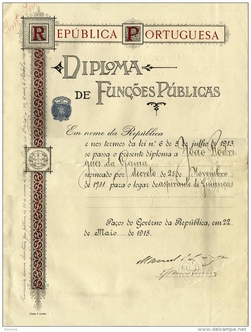 PORTUGAL, Diploma De Funções Públicas, F/VF - Ongebruikt