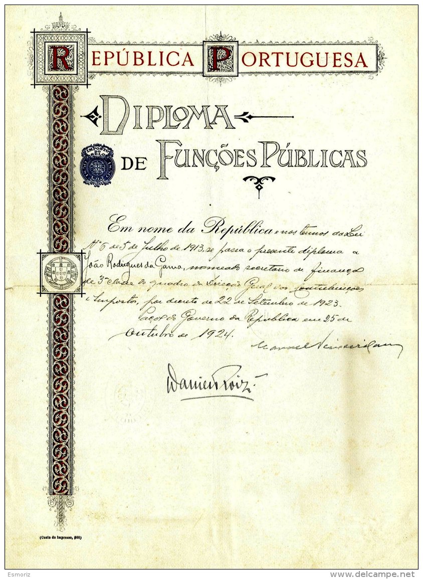 PORTUGAL, Diploma De Funções Públicas, F/VF - Ongebruikt