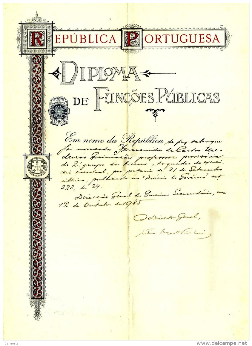 PORTUGAL, Diploma De Funções Públicas, F/VF - Neufs