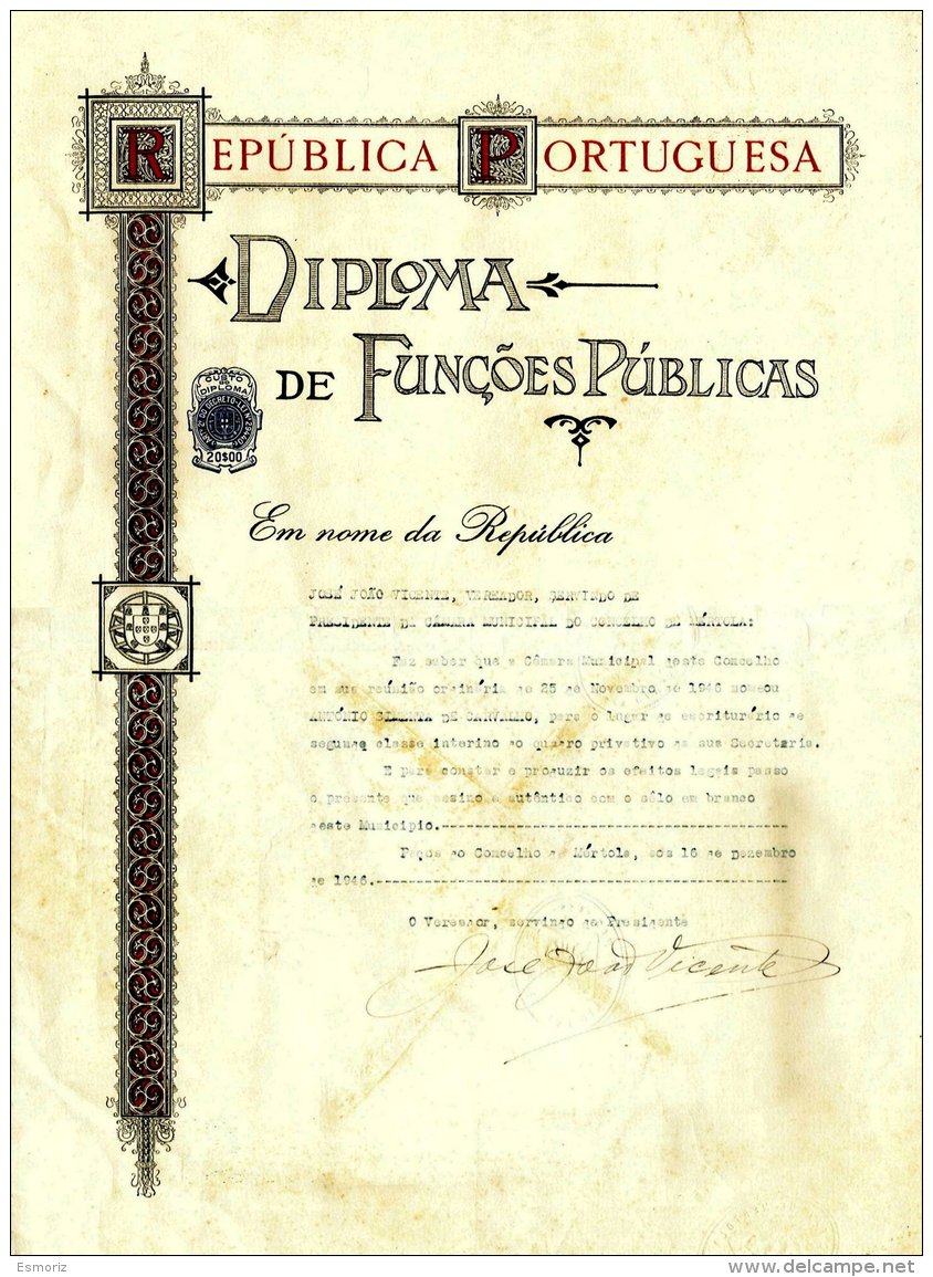 PORTUGAL, Diploma De Funções Públicas, F/VF - Neufs