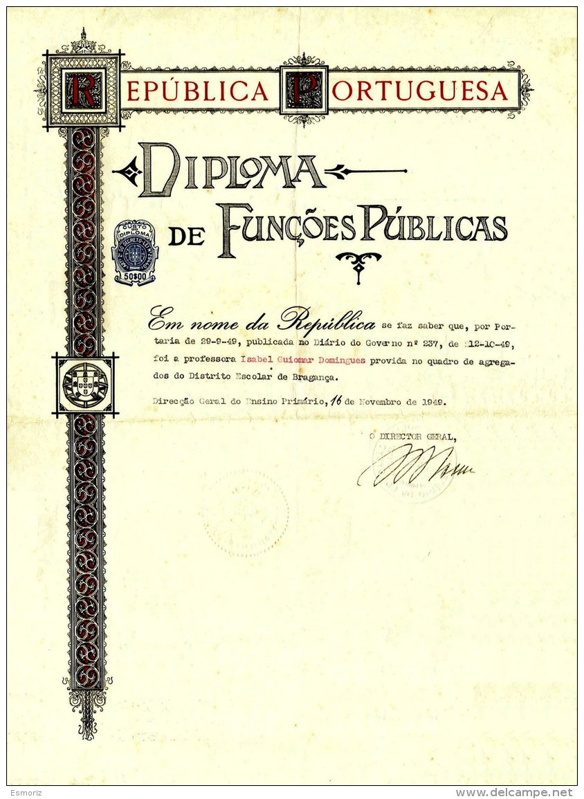 PORTUGAL, Diploma De Funções Públicas, Ave/F - Nuevos