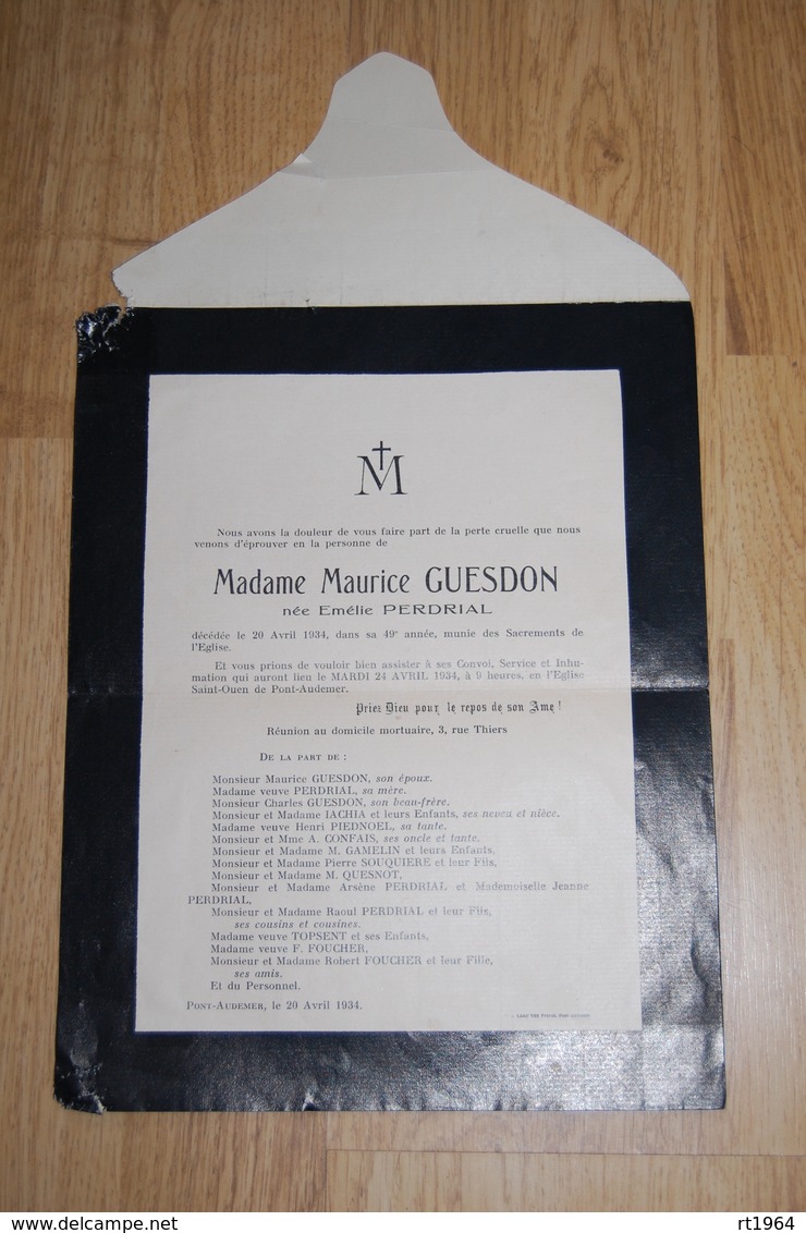 Faire Part De Décès De Mme Maurice GUESDON Née Emilie PERDRIAL  Le 20 Avril 1934 Pont Audemer - Mort - Obituary Notices