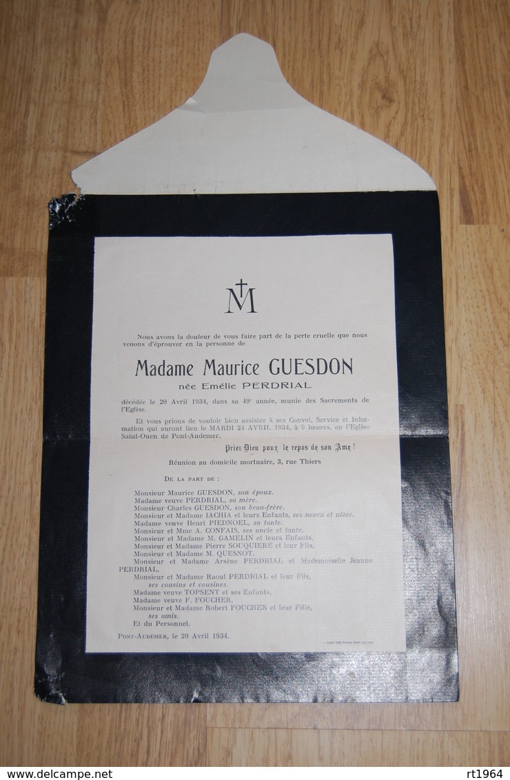 Faire Part De Décès De Mme Maurice GUESDON Née Emilie PERDRIAL  Le 20 Avril 1934 Pont Audemer - Mort - Décès
