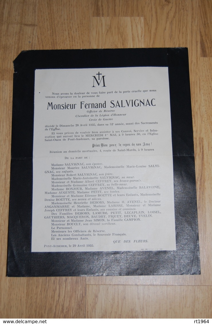 Faire Part De Décès De M. Fernand SALVIGNAC  Le 28 Avril 1935 Pont Audemer - Mort - Décès