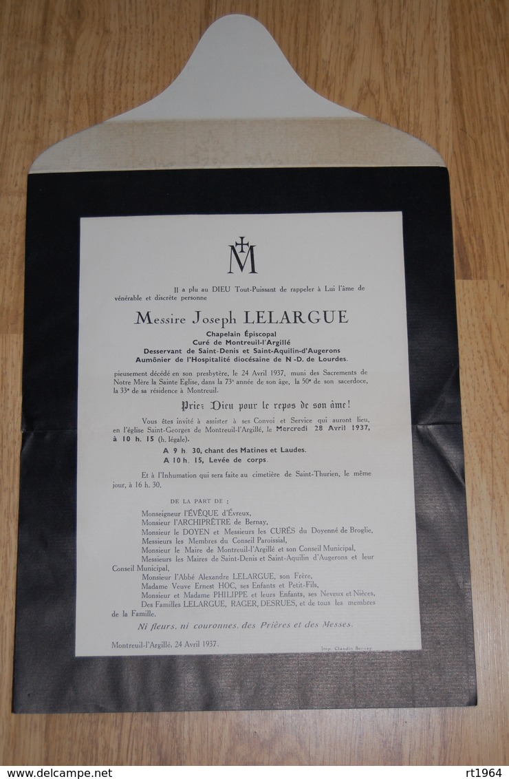 Faire Part De Décès De Messire Joseph LELARGUE Curé Le 24 Avril 1937 Montreuil-l'Argillé - Obituary Notices