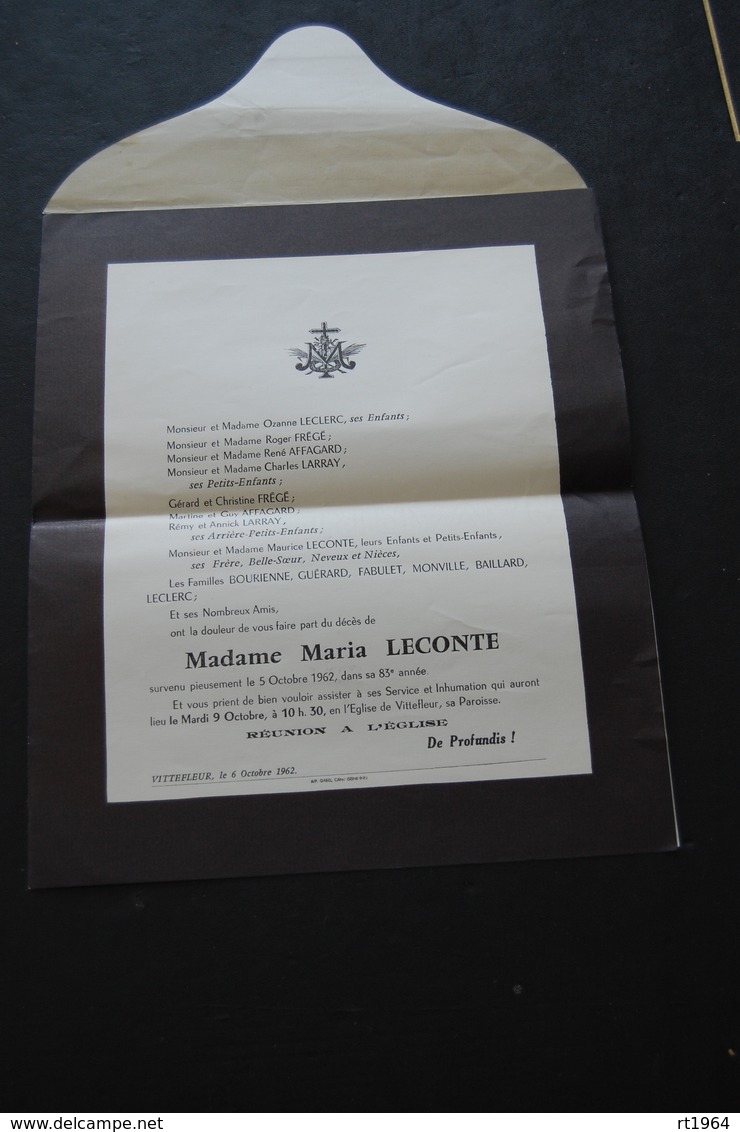 76 - Faire Part De Décès De Mme Maria LECONTE Le 05 Octobre 1962 Vittefleur - Overlijden