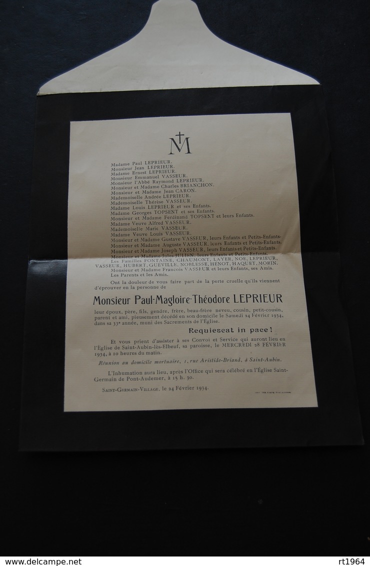 27 - Faire Part De Décès De M. Paul-Magloire-Théodore LEPRIEUR Le 24 Février 1934 ST GERMAIN VILLAGE - Avvisi Di Necrologio