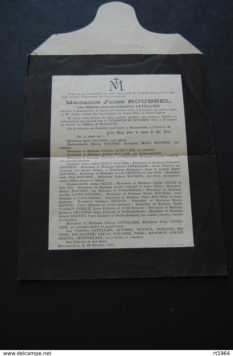 27 - Faire Part De Décès De Mme Jules ROUSSEL Née Hélène-Jeanne-Célestine LETELLIER Le 23 Octobre 1934 Bourneville - Todesanzeige