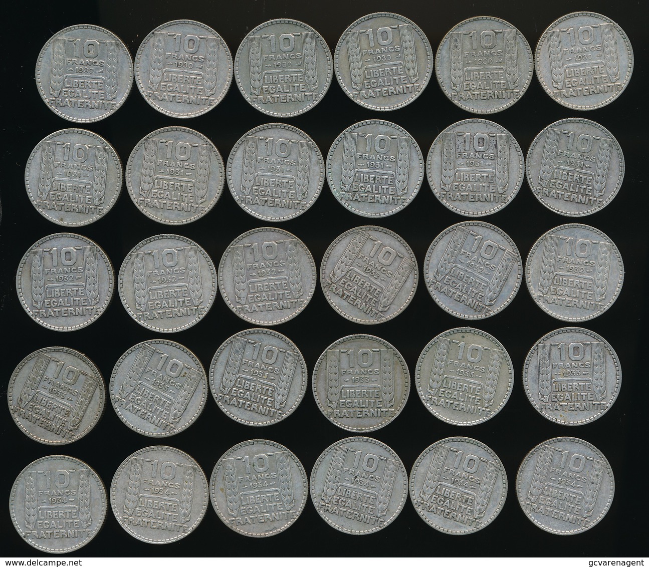 30 Pièces De 10 Francs Type Turin Argent 6 De 1930 / 6 De 1931 / 6 De 1932 / 6 De 1933 Et 6 De 1934 - Autres & Non Classés