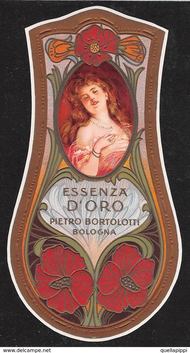 07671 "ESSENZA D'ORO - DITTA P. BORTOLOTTI - BOLOGNA - 1910 CIRCA - DECORI IN RILIEVO-LIBERTY" ETICHETTA  ORIGINALE - Etichette