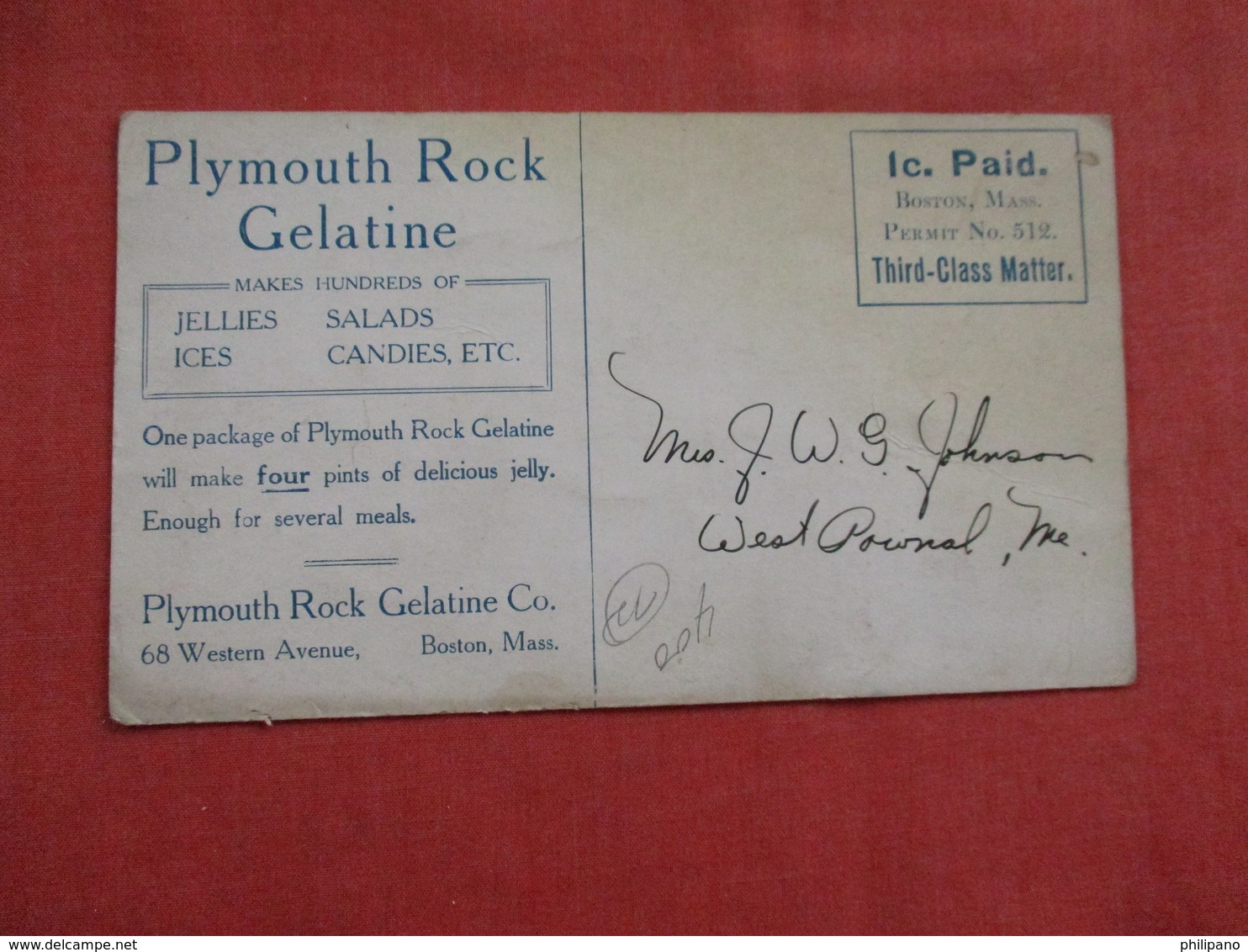 Delicious Fruit Jelly  Plymouth Rock Gelatine Co  Boston Massref 2938 - Publicité