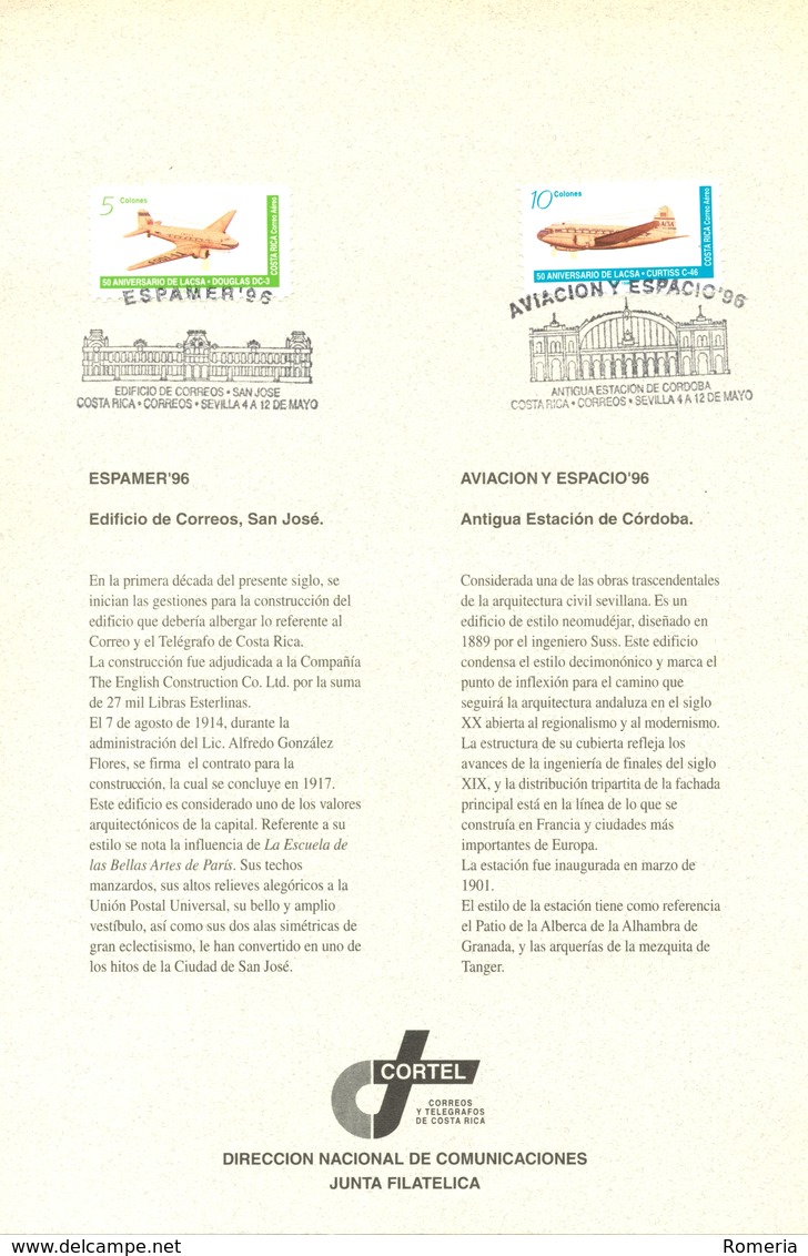 Costa Rica - 1996 - Yt 911-912 - LACSA Espamer - Aviación Y Espacio 96 - Costa Rica