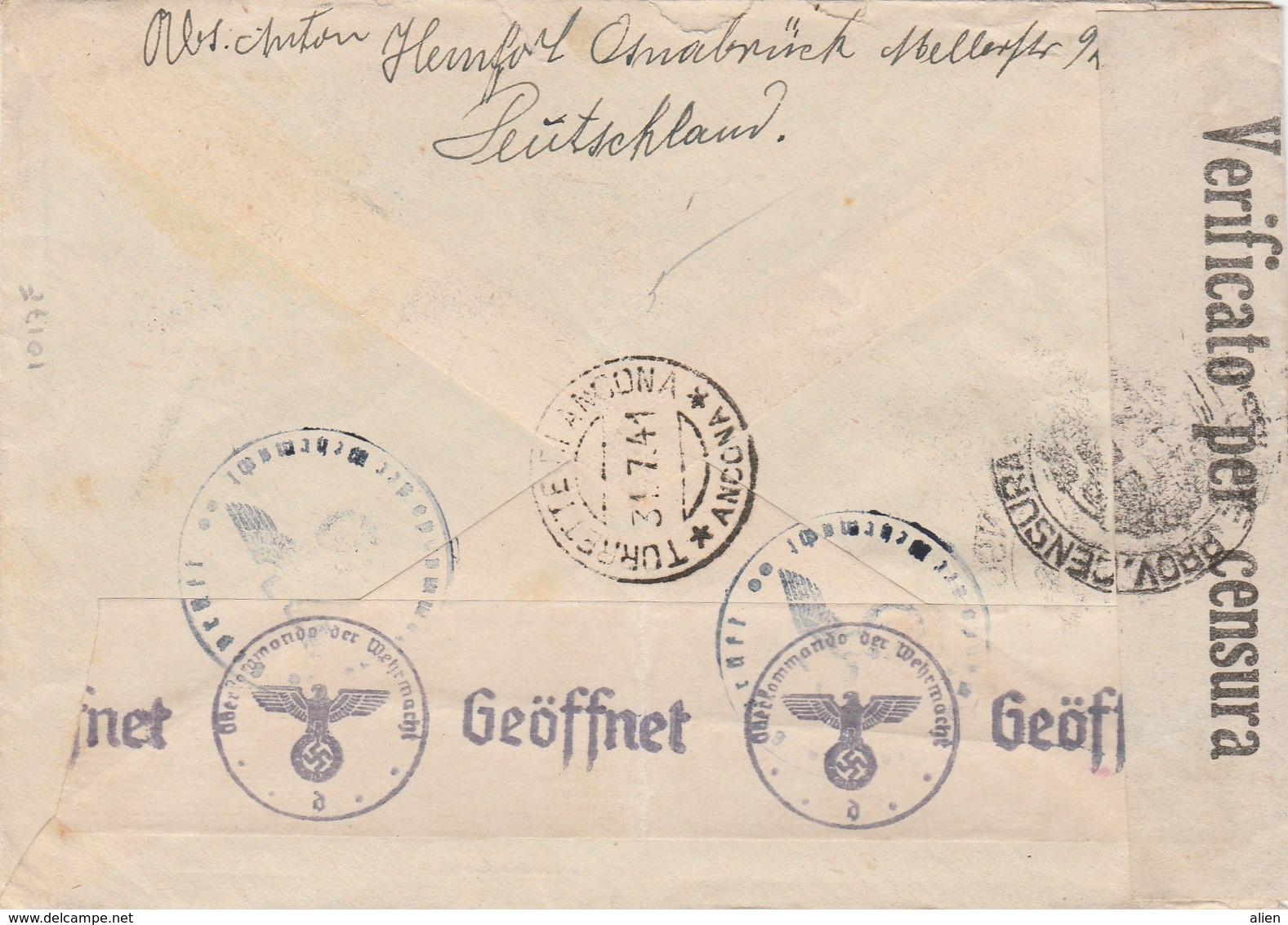 25 Pf On Cover Osnabrück To Italy 1941 - German And Italian Censor - Italian Taxe 25 Cent - Briefe U. Dokumente