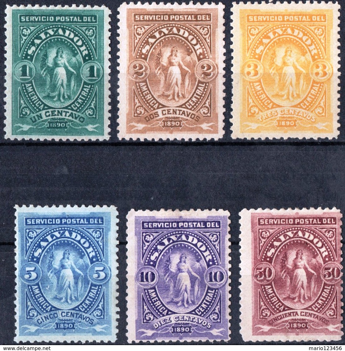 EL SALVADOR, FIGURA ALLEGORICA, VITTORIA, 1890, FRANCOBOLLI NUOVI (MLH*),  YT 27-31,34   Scott 38-42,45 - El Salvador