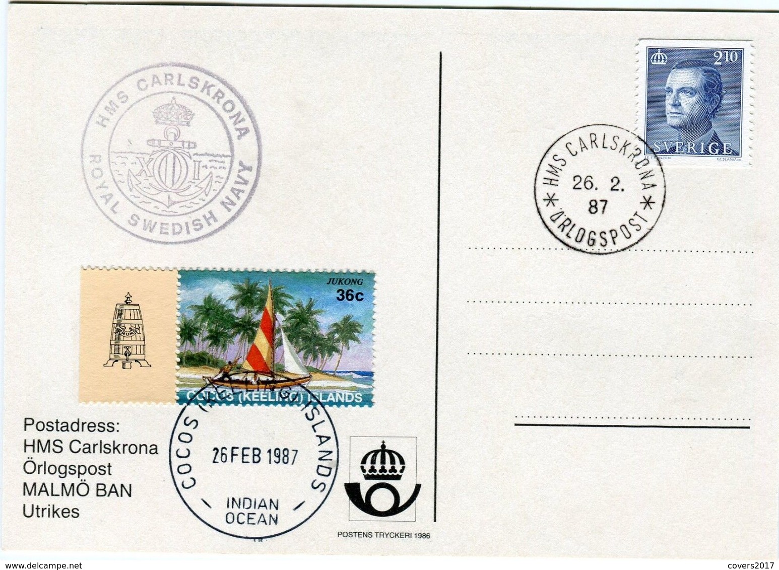 Australia Cocos Islands HMS Carlskrona Swedish Navy Visit 1987 Postcard - Kokosinseln (Keeling Islands)