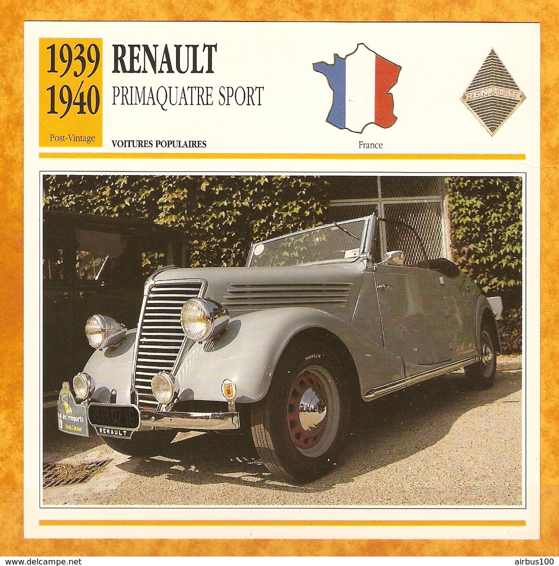 1939 FRANCE VIEILLE VOITURE RENAULT PRIMAQUATRE SPORT - FRANCE OLD CAR - FRANCIA VIEJO COCHE - VECCHIA MACCHINA - Voitures