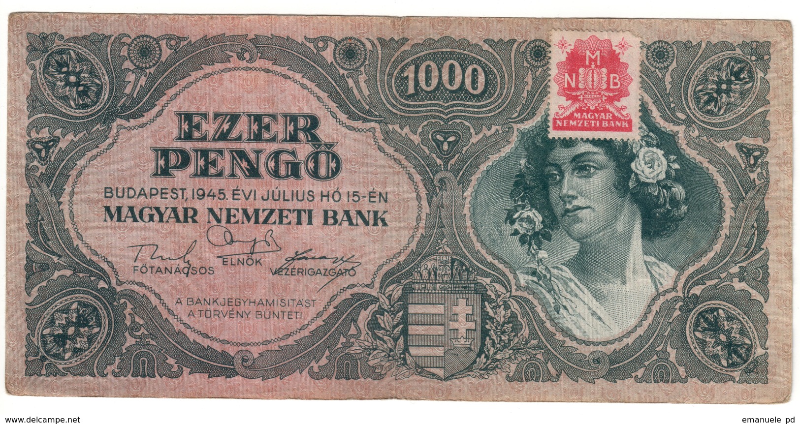 Hungary 1000 Pengo 1945 With Stamp - Ungheria