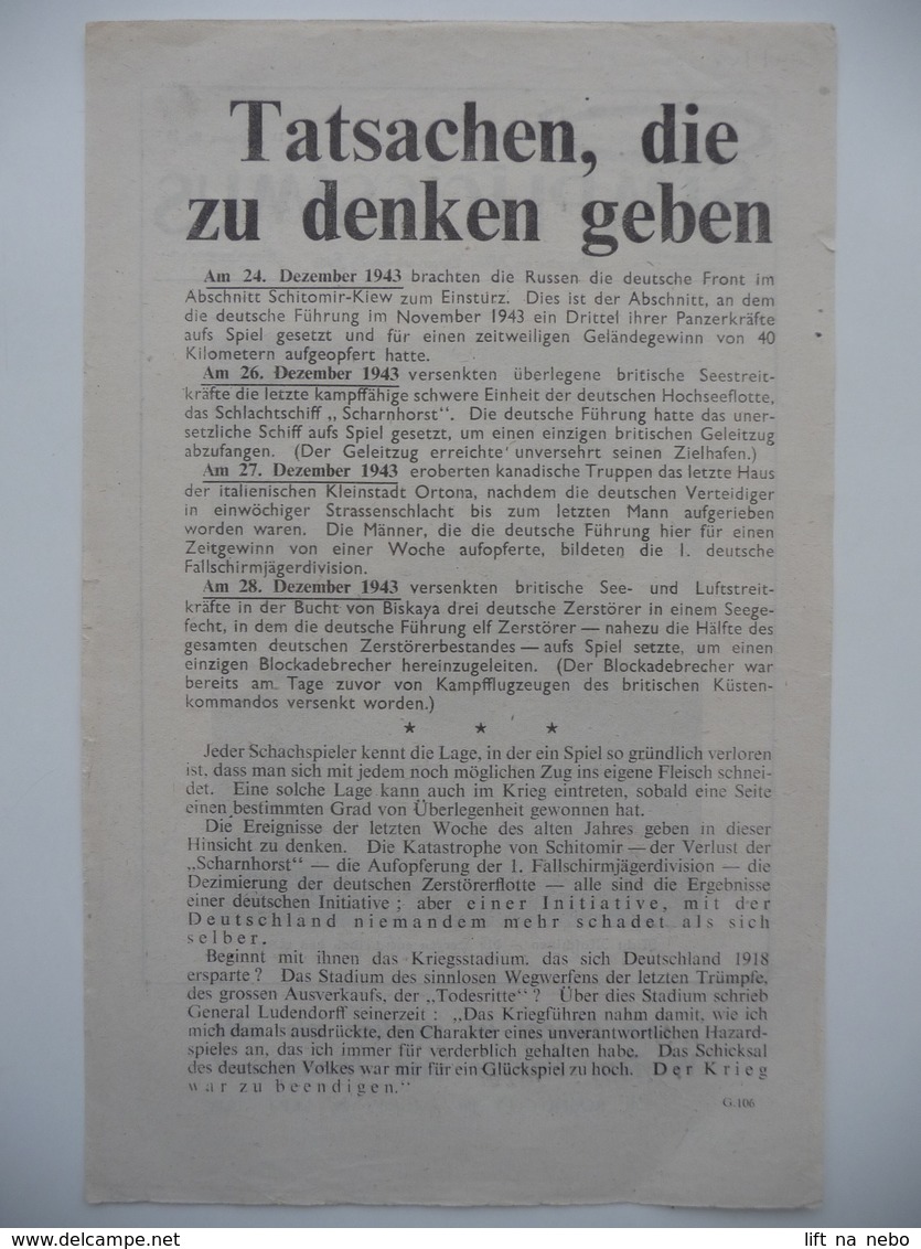 WWII WW2 Tract Flugblatt Propaganda Leaflet In German, PWE G Series/1943, G.106, Tatsachen, Die Zu Denken Geben - Unclassified