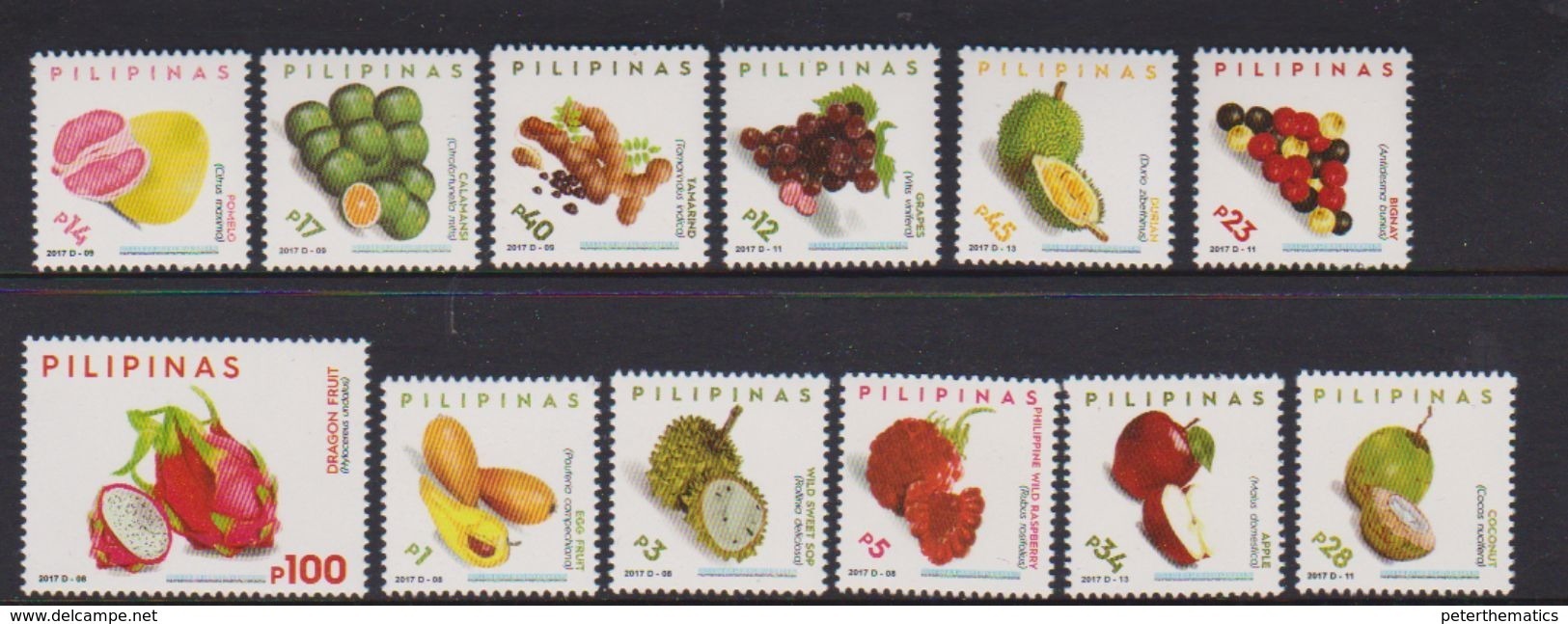 PHILIPPINES, 2017, MNH, DEFINITIVES, FRUIT, DRAGONFRUIT, POMELO, APPLES, RASPBERRIES, 12v - Fruits