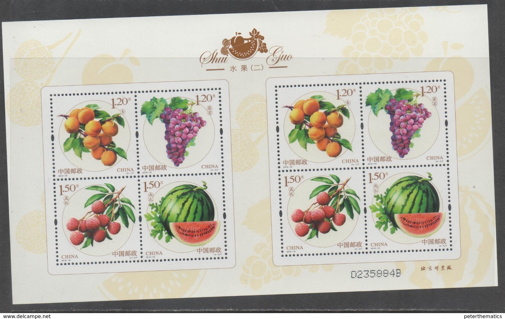 CHINA, 2016, MNH, FRUIT, GRAPES, WATER MELONS, APRICOTS, LYCHEE, SHEETLET OF 2 SETS EMBOSSED - Obst & Früchte