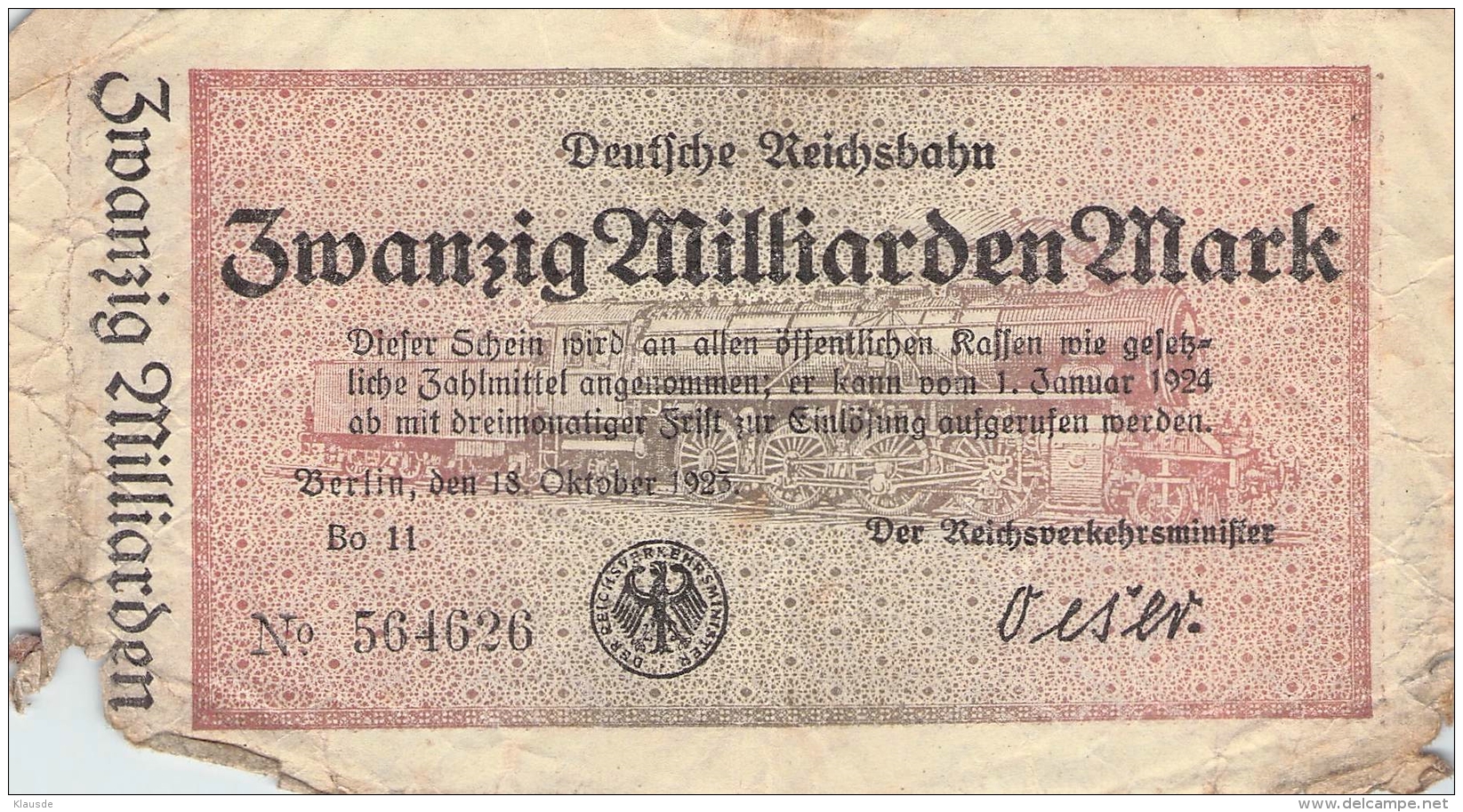 20 Milliarden Deutsche Reichsbahn Bo14  No.564626 - 20 Milliarden Mark