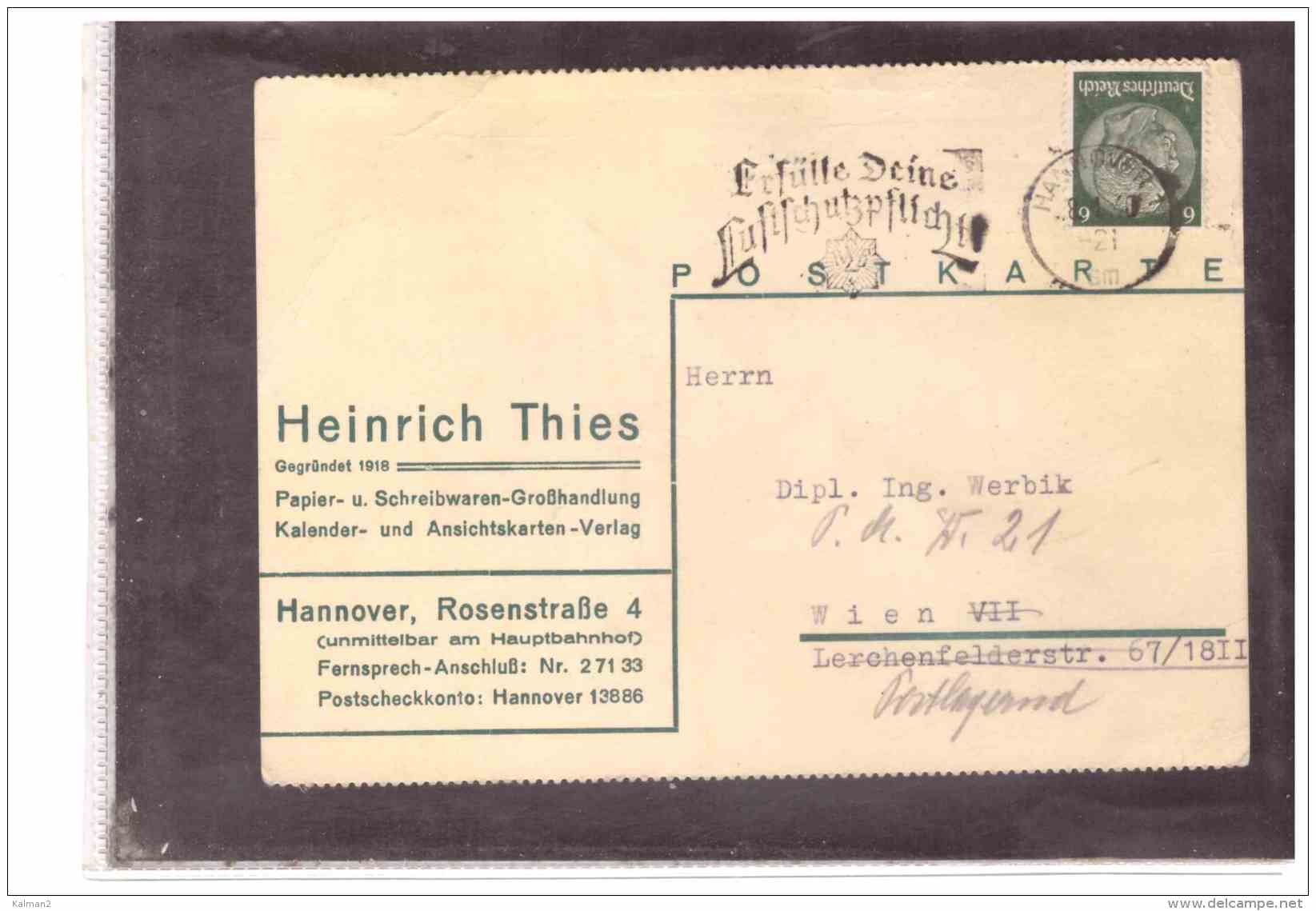 DE2030   -   HANNOVER   8.1.1940    /    CARD FRANKED WITH Pf. 6 - Briefe U. Dokumente