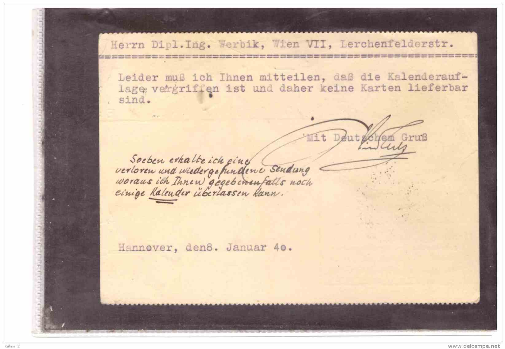 DE2030   -   HANNOVER   8.1.1940    /    CARD FRANKED WITH Pf. 6 - Briefe U. Dokumente