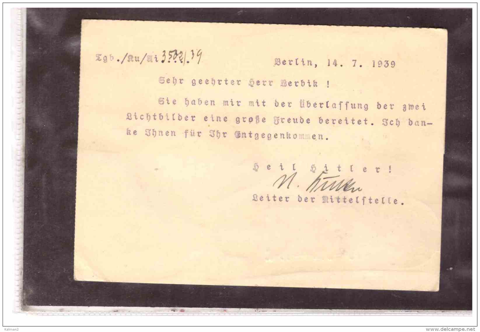 DE2031   -   BERLIN  14.7.1939    /    CARD FRANKED WITH Pf. 6 - Briefe U. Dokumente