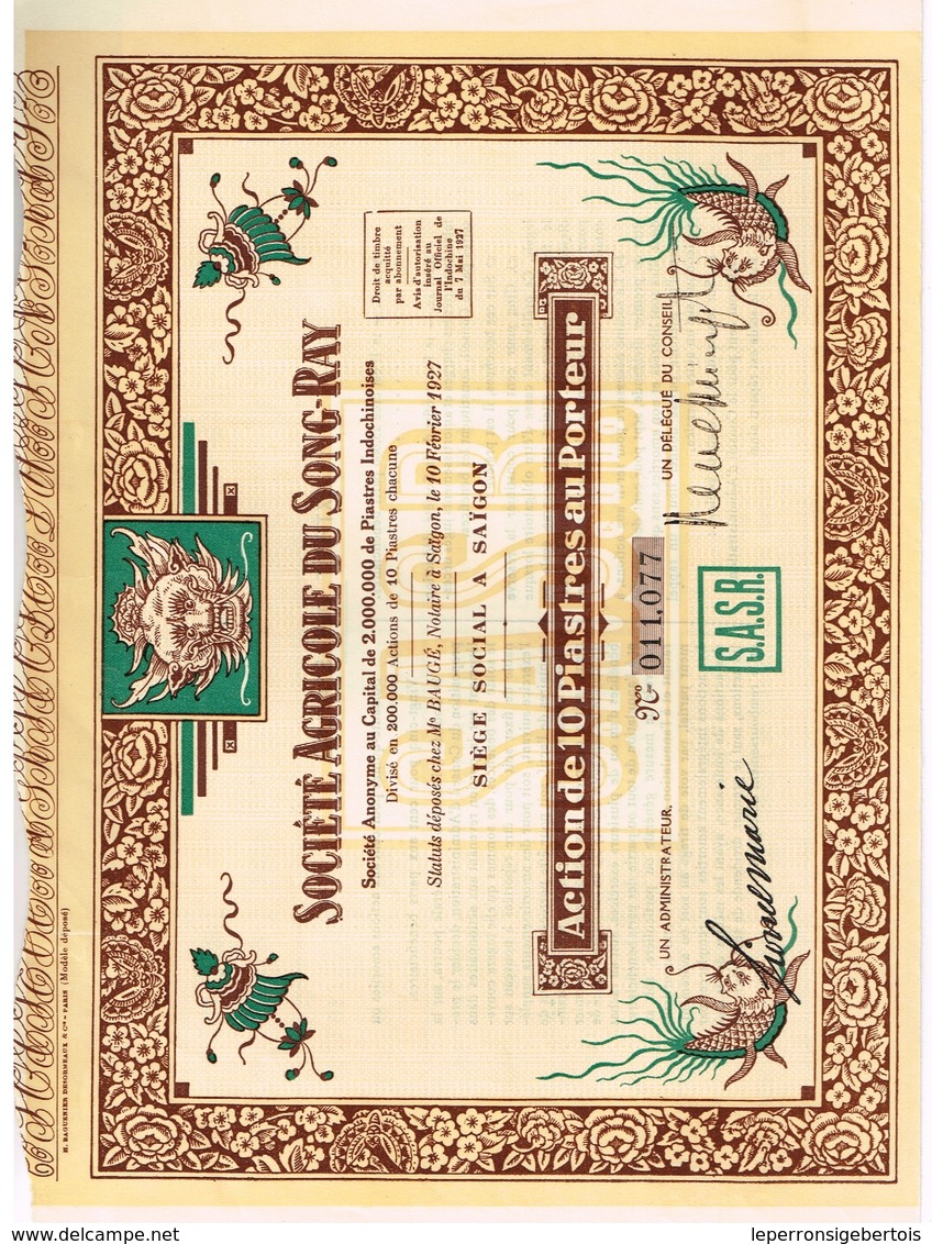 Ancienne Action - Société  Agricole Du Song-Ray - Tonkin - Indochine- Titre De 1927 - N° 011077 - Agriculture