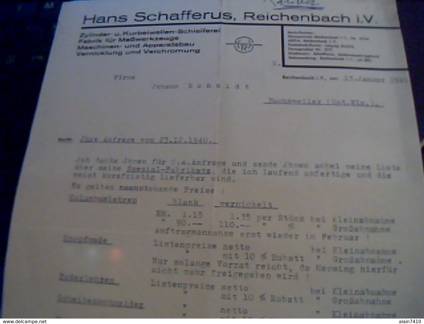 Facture Allemande De 1941 Hans Schafferus Reichenchach I.v. A  Reichenbach   Ecrite En Allemand Lettre A Entete - 1900 – 1949