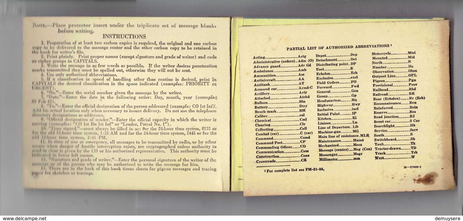 M N - MESSAGE BOOK M-210  SIGNAL CORPS, U.S. ARMY - 1939-45