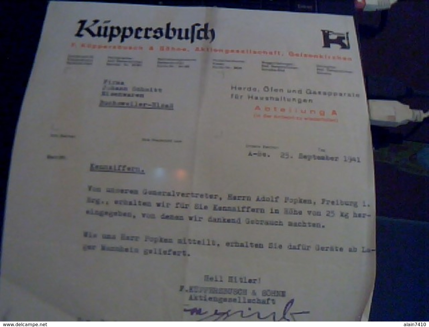 Facture Allemande De 1941 Kuppersbufch Et  Sohne Aktiengesellschafr Gelsenkirchen - 1900 – 1949