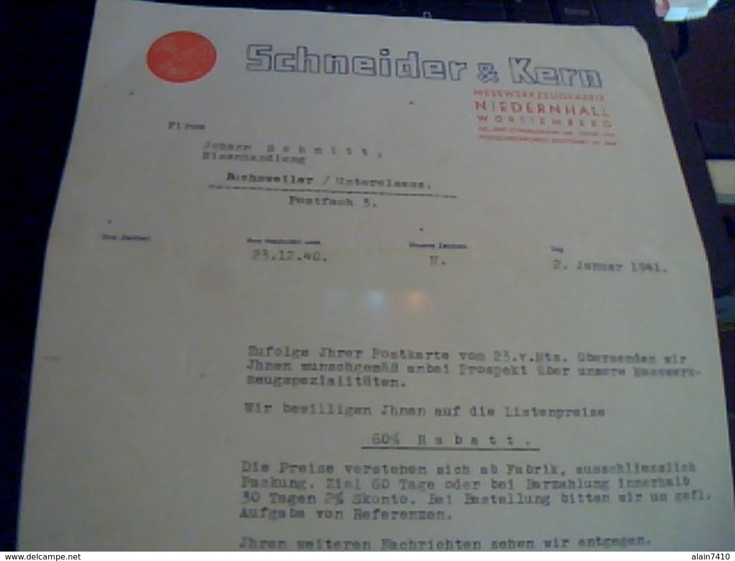 Facture Allemande De 1941 Schneider Et Kern Messwerkzeugfabrik A  Niedernhall  Ecrite En Allemand Lettre A Entete - 1900 – 1949